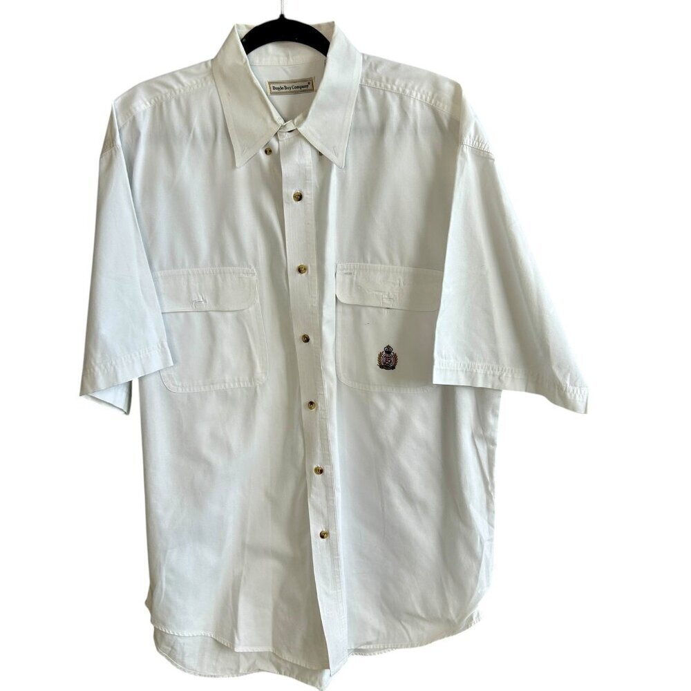 Bugle Boy Company Vintage White Cotton Crest Logo Short Sleeve Shirt Size Large